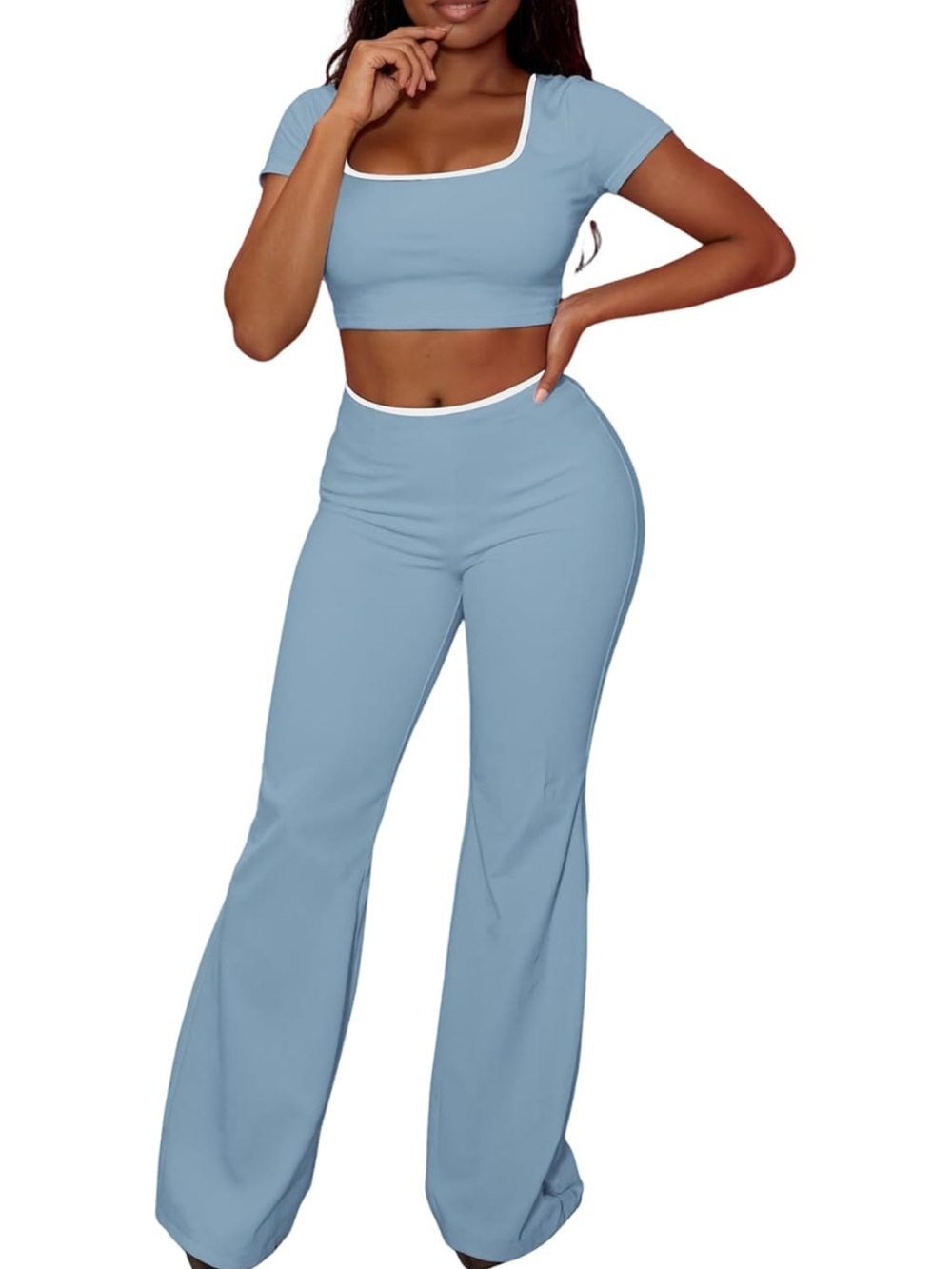 Ulovmi Womens Sets 2 Piece Outfits Short Sleeve Crop Square Neck Top Wide Leg